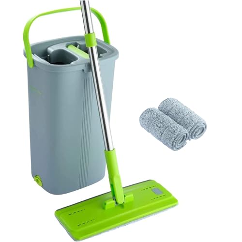 EasyGleam Kit Balai Serpillère & Seau Essoreur - Balai en Microfibre Plat avec Manche INOX, Seau Double Compartiment Humide et à Sec, 2 Serpillères...