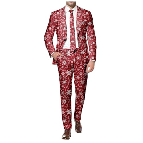 Image of Christmas Suits for Men UK 2 Piece Mens Suits Set with Reindeer Snowflake Printed Tuxedo Blazer & Trousers Notched Lapel One Button Christmas Fancy Dress Novelty Festive Costume Outfit