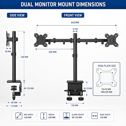 Image of BIJASANI Dual Monitor Stand | 2 Screen Mount | Large Dual C-Clamp | 440mm Pole | 10 KG Per Arm | 10-32 inch | Tilt Swivel 360 Rotation | Height Adjustable | 3 Year Warranty | WFH Gaming Trading