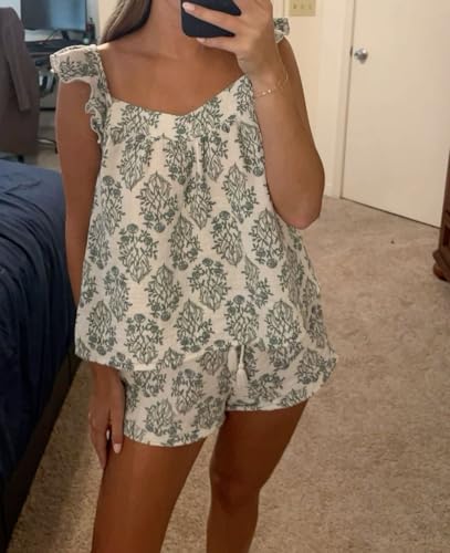 Image of ROAONOCOMO Women Summer Floral Pajama Set Ruffle Trim Cami Top Coquette Pj Set Gingham Babydoll 2 Piece Shorts Outfit