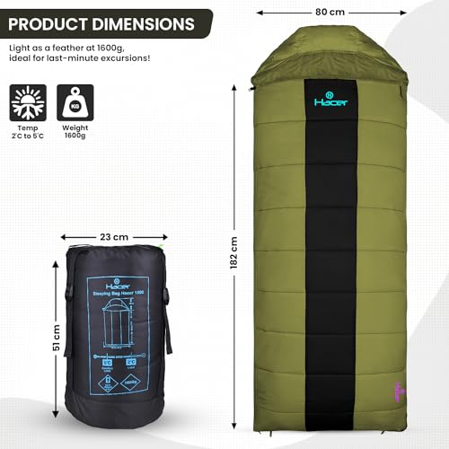 Image of Hacer HC-1500 3in1 Camping Sleeping Bag Open Comforter & Mattress +2 Degree Winter 210T Polyester Lining Hiking Trekking Bags for Baby, Adults Men & Women (7ft, Army Green & Black, 2C to +5C, 1.6kg)