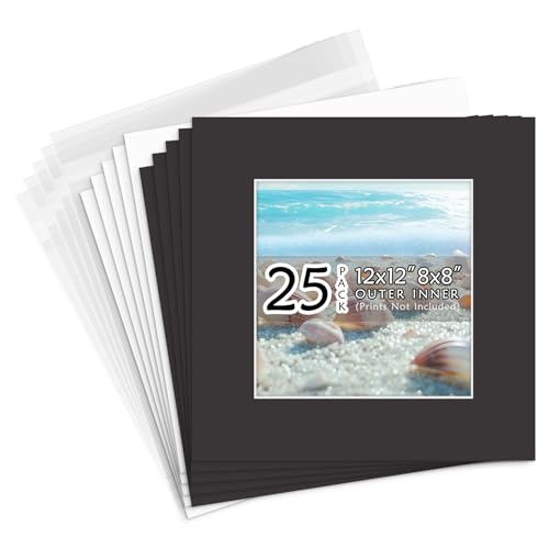 Golden State Art Acid-Free Pack of 25 12x12 Black Picture Mats Mattes with White Core Bevel Cut for 8x8 Photo + Backing + Bags