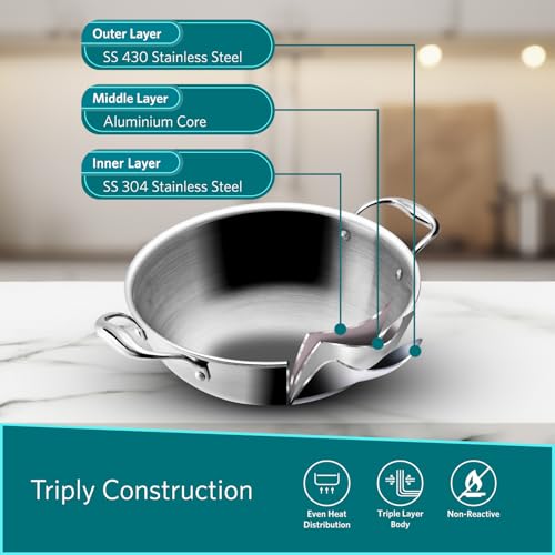 Image of VAYA Hautechef Triply Stainless Steel Kadai with Lid, 24cm, 2.5L, Heavy-Bottom Tri-Ply Kadhai for Cooking, Induction & Gas Stove Compatible, 3-Layer Body, 100% Toxin-Free