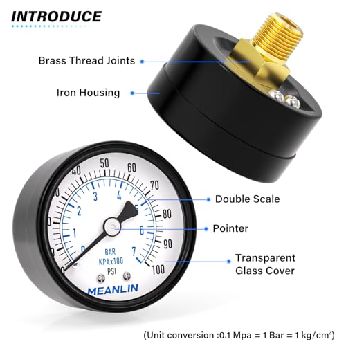 Image of MEANLIN MEASURE 0-100Psi Well Pump Pressure Gauge 1 /4 inch NPT 2 inch FACE DIAL for Well Pump Water Tire Water Pressure Tester Back Mount, with Teflon Tape