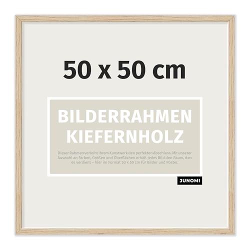 JUNOMI Bilderrahmen 50x50 cm Holz | Farbe Eiche | Quadratischer Posterrahmen mit bruchsicherem Acrylglas | zur einfachen Wandmontage | Schmales Profil