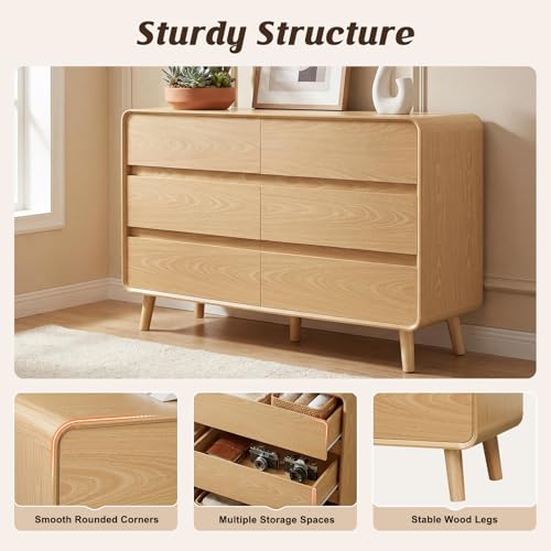 Image of Nasonet 6 Drawer Dresser for Bedroom, 47'' Wide Mid Century Modern Dressers & Chests of Drawers, Wood Storage Drawer Dressers for Hallway, Home Office, Oak