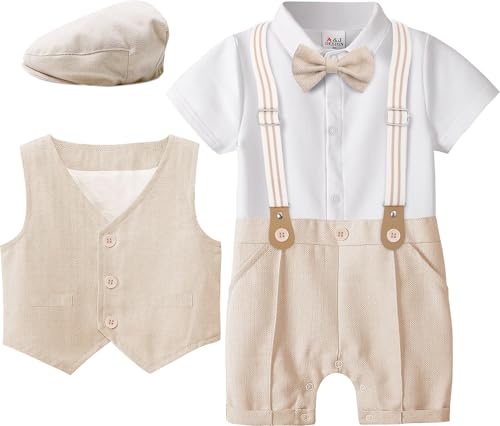 Image of A&J DESIGN 4pcs Baby Boys Suit, Gentleman Outfits 3 Months - 18 Months, Romper & Vest & Berets Hat & Bow Tie