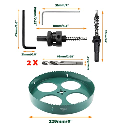Image of 9 Inch Hole Saw with Heavy Duty Arbor, 229mm Hole Saw HSS Bi-Metal Hole Cutter Smoothly Cutting in Cornhole Boards, Plastic, Wood, Fiberboard, Drywall