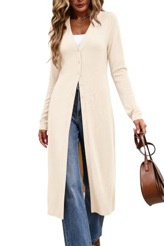 Long Cardigans for Women Lightweight Button Up Duster Sweater Cream L