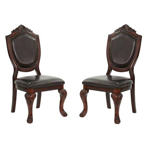 S Set Of 2 &ndash; Antique Style Leather Dining Room Chairs With Solid Wood Legs And Rivet Decor, Ideal For Kitchen, Bedroom, Living Room (brown Armless)