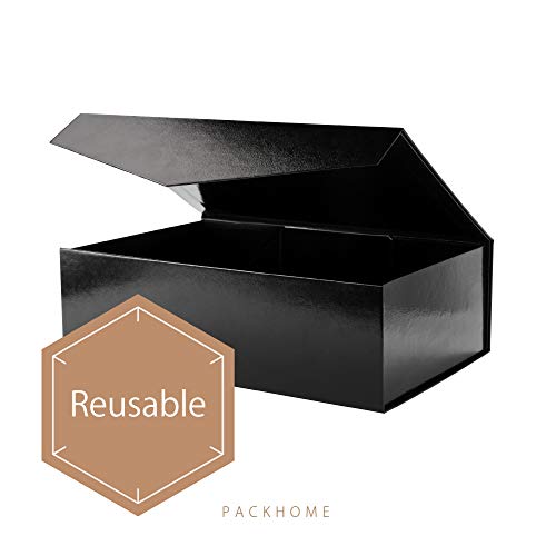 Packhome Gift Box 13.5X9X4.1 Inches, Large Gift Box With Lid, Groomsman Box, Sturdy Gift Box, Collapsible Gift Box With Magnetic Closure (Glossy Black, Grass Texture) #TOP2