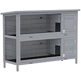 PawHut Hasenstall Kaninchenstall aus Holz mit 2 Etagen Asphaltdach Bodenwanne 136,4 x 50 x 93 cm Winterfest Kleintierstall mit Türen Kaninchenkäfig für Kleintiere Kaninchen Indoor Outdoor Grau
