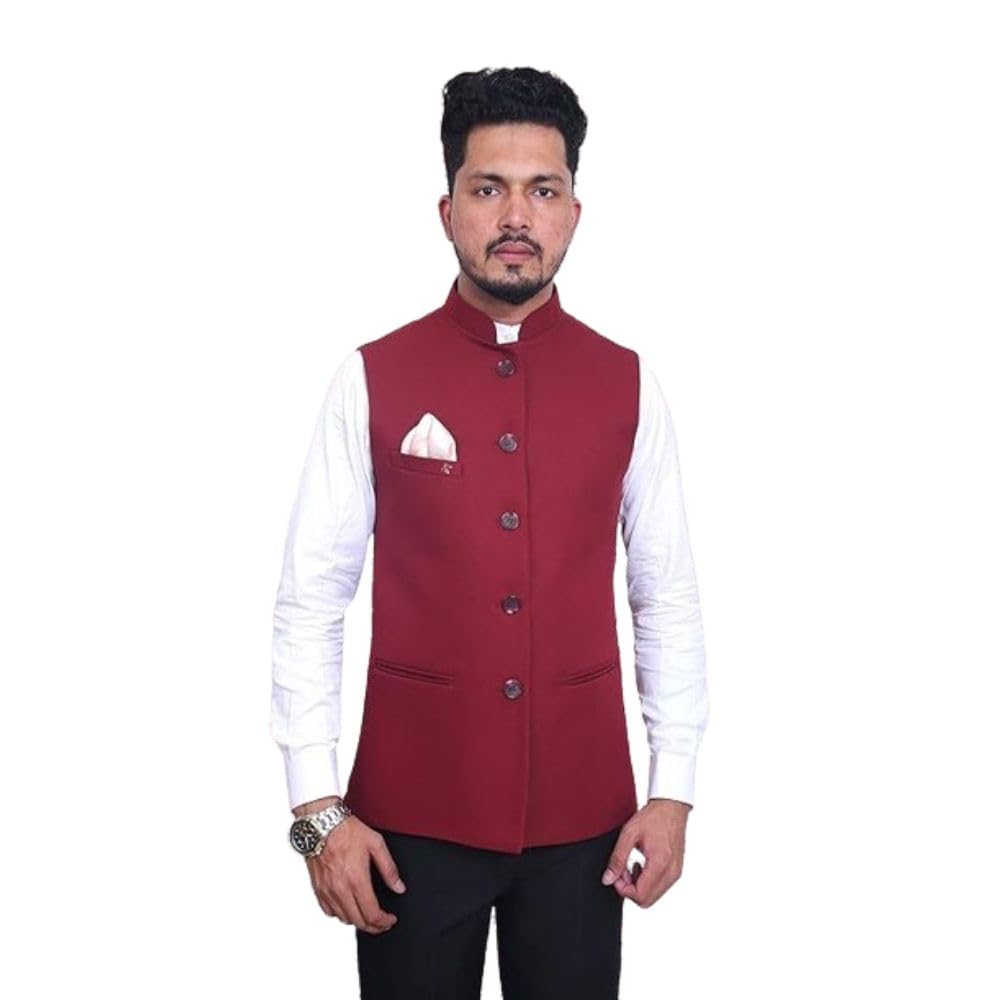 Men Slim Fit Cotton Blend Waistcoat Half Jacket (Red)-picture-26