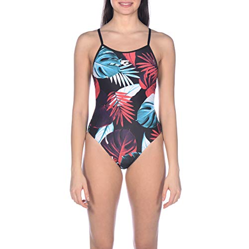 Arena Tropical Leaves Tie Back MaxLife One Piece Swimsuit, Black - Multicolor, 22