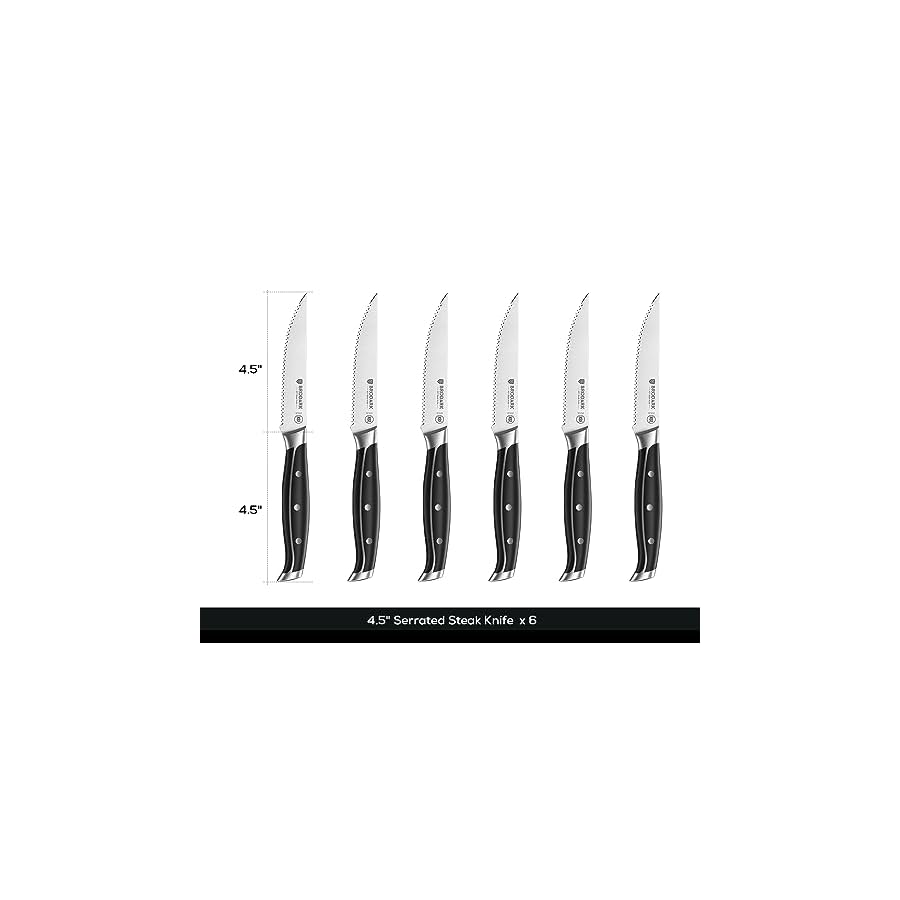 BRODARK Steak Knives Set of 6, Serrated Steak Knives with Full Tang Handle, High Carbon Stainless Steel Steak Knife Set, NSF Certified, Steel-King Series