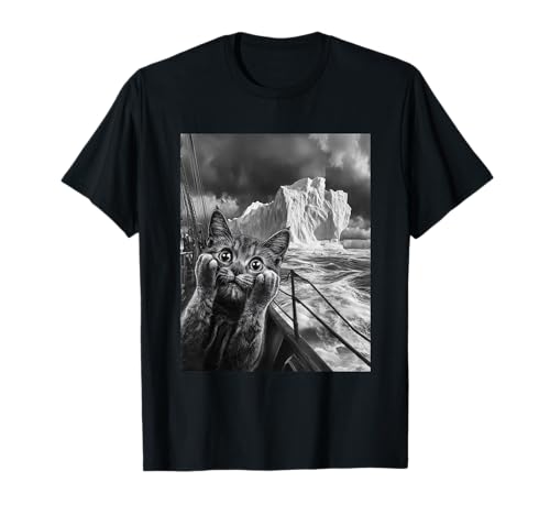 Funny Titanic Iceberg Scared Sorprendido Gato Selfie Camiseta