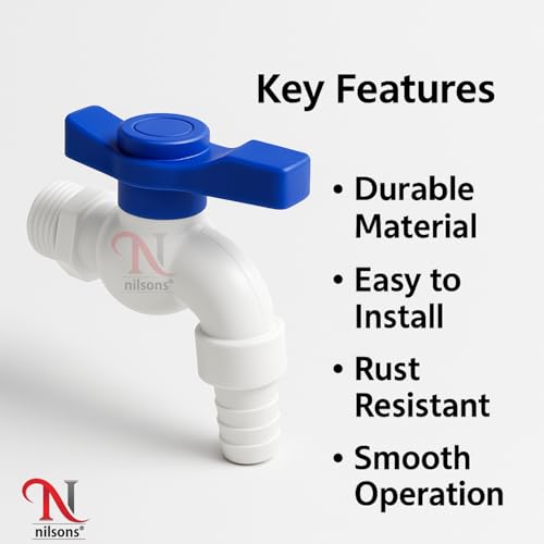 Image of Plastic Nozzle Cock Tap with Blue Handle (Pack of 5) - Heavy Duty Leak-Proof Water Pipe Connector for RO System, Tank, Garden & Bathroom Use | Durable Plastic Valve Tap