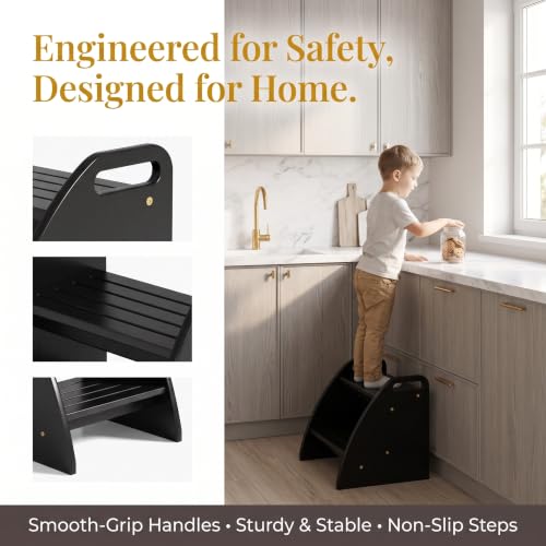 Image of Bamboo 2 Step Stool 300lbs Capacity, Wooden Two Step Stool with Non-Slip Handles, Heavy Duty Stepping Stool for Bedside High Beds Adults, Sturdy Small Bathroom Kitchen Black Step Stool