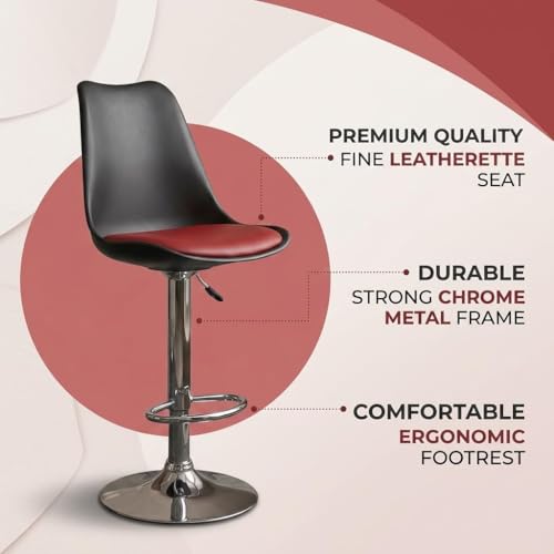 Image of RW Rapid Bar Stool Chair with Height Adjustable Design, Padded Seat & Footrest | Modern Metal Counter Stool for Kitchen, Home, Bar & Cafe Seating | Durable Comfort Chair (Black & Red, Set of 2)