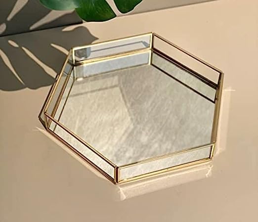 Image of Hexagon Glass Mirror Tray with Brass Rim and Mirror Base, Makeup Tray for Home Decor Jewelry Organiser, Vanity Organizer for Accent Table (10x10x1.5 inches)