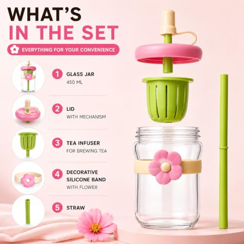 Image of 500ml Glass Sipper Bottle with Flower Band - 1 Pc Multicolor, Built-in Juicer & Straw, Leakproof Lid, Cute Aesthetic Drinkware for Kids & Adult