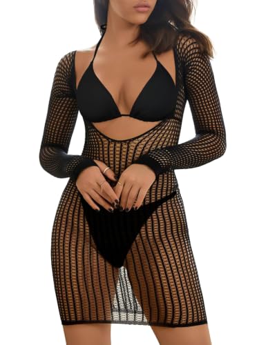 Image of Lilosy Sexy Crochet Sheer Long Sleeve Cover Up Swim Bathing Suit Beach Dress One Piece