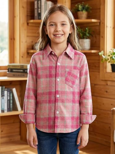 Image of SELINK Girls Long Sleeve Flannel Buffalo Plaid Button Down Shirt | Soft Flannel Fabric,Classic Buffalo Plaid Button Down Collared Blouse For Girls Casual Daily Outfits
