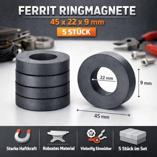 Ferrit Magnete Ringmagnete 45 x 22 x 9mm 5 Stück Keramik Magnet mit Loch unbeschichtet Schwarz Starke Magnetring Große Industriemagnete Hartferrit Lochmagnete für Handwerk DIY