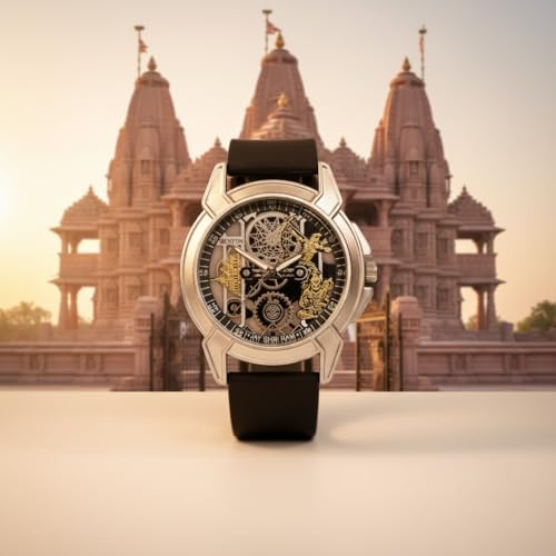 Image of Shree Ram Skeleton Watch, Ayodhya Mandir Theme, Mechanical Look Quartz, Stainless Steel Metal Bracelet, Round Dial with Deity Engraving for Man and Boyes