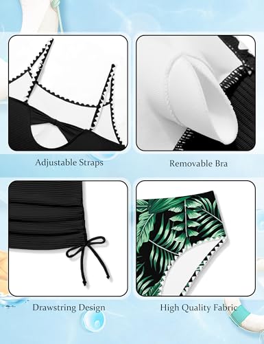 Image of Girls Tankini Swimsuit 2 Piece Set Unique Edge Girl Bathing Suit with Drawstring + Swim Briefs Swimwear Set for 9-16Y