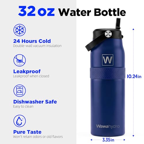 Image of 32 oz Insulated Water Bottle with Straw, Leakproof Stainless Steel Bottle with Handle, Non-Slip Silicone Sleeve, Internal Markings, Dishwasher Safe for Travel, Gym, Sports, Dark Blue