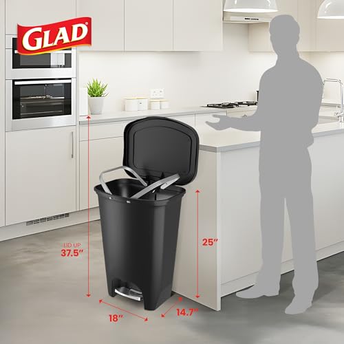 Image of Glad Premium 13 Gallon Trash Can with Clorox Odor Protection | Plastic Kitchen Waste Bin | Hands Free with Stainless Steel Foot Pedal and Garbage Bag Rings, Black