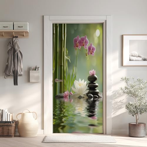 Zen Stickers de Porte Papier Peint PVC Imperméable, Bambou Sticker Porte 3D Trompe L'Oeil 63x205...
