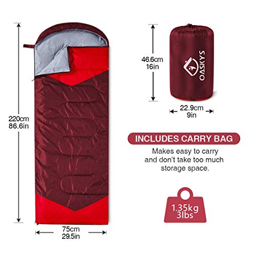 Oaskys Saco de dormir para acampamento – 3 estações quente e frio – verão, primavera, outono, leve,