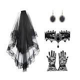 Hiuyavy Black Bride Veil for Women, 4 Pack Halloween Costume Set, Adjustable Ladies Necklace, Printing Tulle Lace Gloves and a Pair of Earring for Halloween Costume