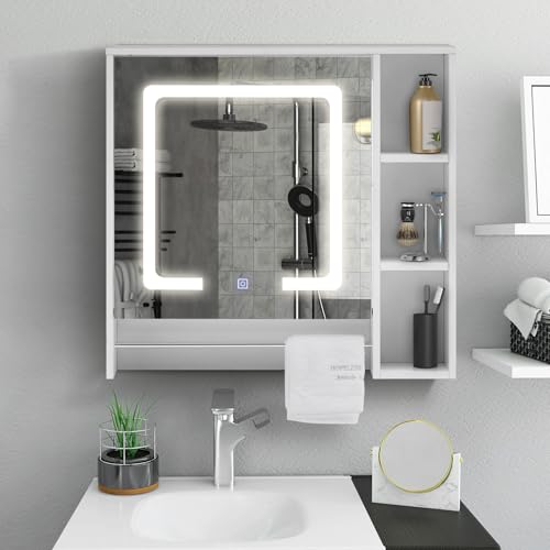 TUKAILAi Armadietto da bagno con specchio, armadio a specchio con illuminazione a LED e porta USB,...