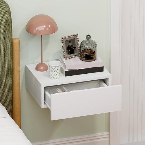 HOMCOM Floating Bedside Table, Wall-Mounted Nightstand with Storage Drawer, Small Side End Table for Bedroom, White