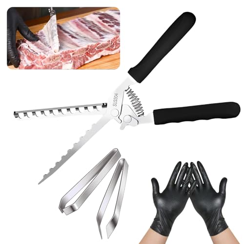 Stainless Steel Rib Membrane Remover – BBQ Rib Prep Kit with 2 Tweezers & Gloves – Effortless Ribs Skin Removal Tool for Chefs, Grilling & Home Cooking