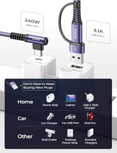 Image of AINOPE 240W Long USB C Cable Multi 4 in 1 Charging Cable Fast Charging C Type Charger Fast Charge USB to USB C,Right Angle Fit iPhone 16 15 Pro Max iPad Samsung 10FT Purple