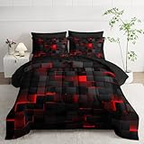 OUIXOTIC 7pc Black & Red Comforter Set Queen - 3D Cube Bed in a Bag, Geometric Pattern, Soft Microfiber Bedding, All Season