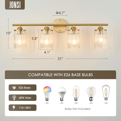 Image of Jonsi Gold Bathroom Light Fixtures 4-Light Vanity Lights Modern Wall Sconce with Clear Glass Shade Brushed Brass Bathroom Light Fixture Over Mirror for Bedroom Hallway Kitchen
