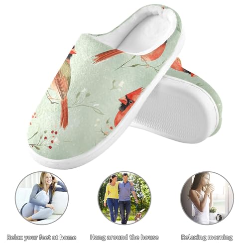 JUNZAN Aesthetic Northern Red Birds Sage Green Women Cotton Slippers Non Skid Memory Foam Bedroom Shoes for Outdoor Christmas Presents 6-73