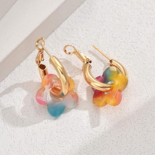 Chunky Acrylic Gold Small Flower Hoop Huggie Earrings, Colorful Boho Ear Piercing Dangle Drop Earrings, Dainty Chic Charm Jewelry Gift4