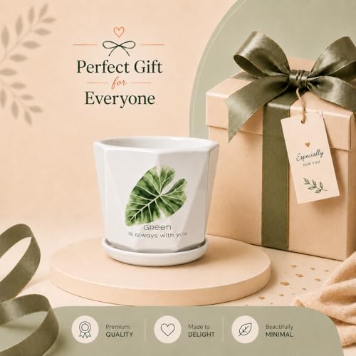 Image of Xtore Elegant Botanical Ceramic Planter with Drainage Tray | Minimalist Indoor Flower Pot for Home, Office Desk & Balcony Styling (White & Green Leaf Design -Planter only)