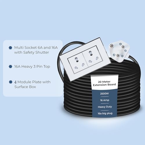 Image of Extension Board Heavy Duty Multi Socket 15A /16A /20A (2500 Watts 16A Big Plug and Two 16A Socket, 20 Meter)