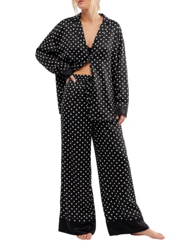 Image of Yimoon Satin Pajama Set for Women Silk Pajamas Set 2 Piece Floral Cute Pj Set Long Sleeve Pjs Sleepwear