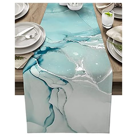 Marble Turquoise Teal Aqua Table Runner 108 Inches Long,Cotton Linen Modern Kitchen Dinner Dining Table Runners Decor Long Dresser Scarf,Burlap Tablerunner for Coffee/Dining/Party/Wedding Table Cover