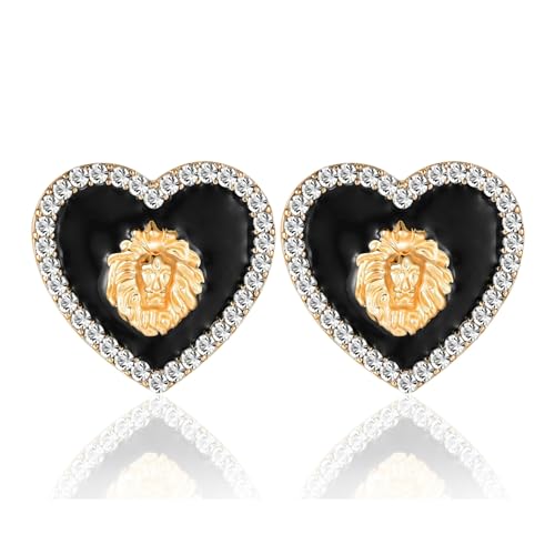 Basketball Wives Crystal Heart Lion Head Stud Earrings Rhinestone Black Enamel Hip Hop Costume Party Cocktail Jewelry