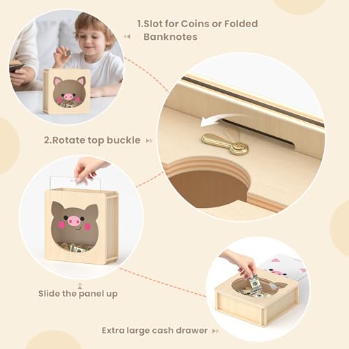Image of Summidate Wooden Money Saving Box, Clear Window Cash Vault Savings Box with DIY Stickers, Reusable Personalized Piggy Bank for Kids & Adults, Birthday /Baby Shower /Wedding Gift