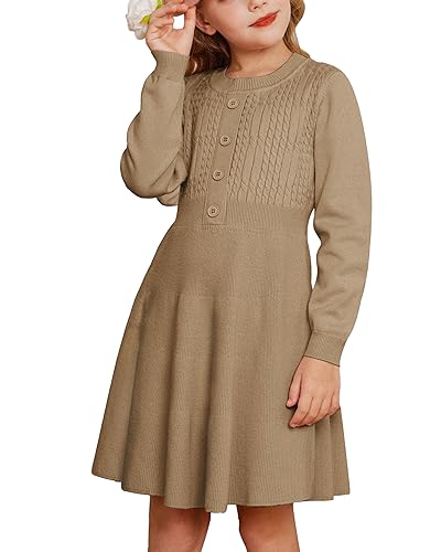 GRACE KARIN Sweater Dress for Teen Cable Knit Buttons Front Long Sleeve Dresses Size 10-12 Khaki